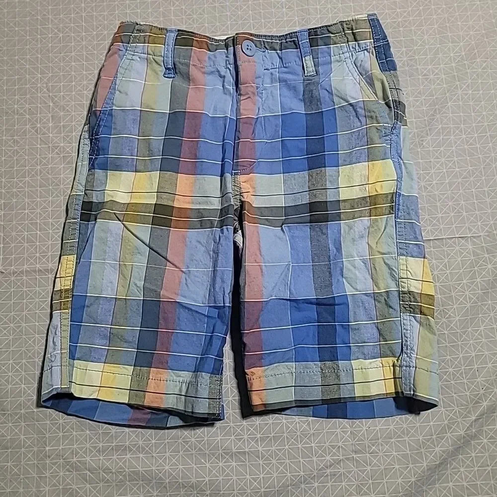 Gap Kids Blue Plaid Flat Front Shorts Pockets Belt Loops Boys Size 14 Slim
